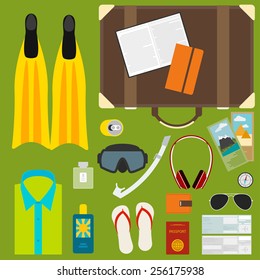 illustration in trendy flat style with objects used modern people on vacation isolated on green background for use in design for card, poster, banner, placard or billboard 