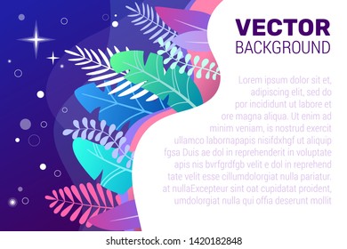 Illustration in trendy flat style on dark blue background and vibrant gradient colors - background with  space for text. Space plants, leaves in blue tones. for banner, greeting card, poster