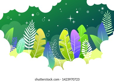 Illustration in trendy flat style on dark green background and bright gradient colors - background with space for text in form of clouds. Space plants in blue tones. For banner, greeting card, poster