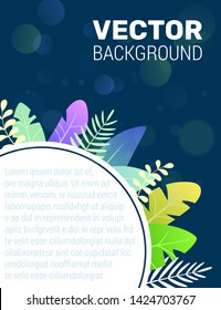 Illustration in trendy flat style on green blue background and vibrant gradient colors - background with round white space for text. Space leaves in blue tones. For banner, greeting card, poster
