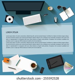 illustration in trendy flat style with some objects used in usual life of modern people isolated on blue background for use in design for card, invitation, poster, banner, placard or billboard 