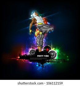 illustration of trendy guy in dancing pose on abstract background