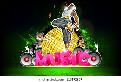 illustration of trendy guy in dancing pose on music background