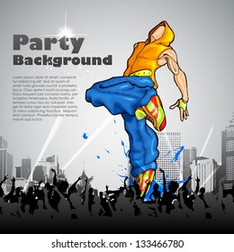 illustration of trendy guy in dancing pose on abstract background