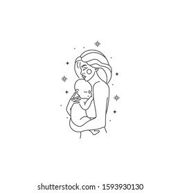 Illustration in trendy linear style. Emblem of maternity - happy woman with baby. Natural and healthy motherhood concept for your design