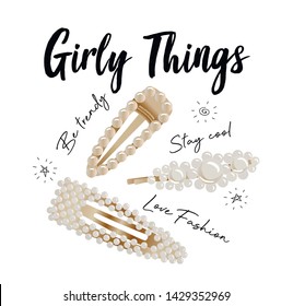 Illustration of trendy pearl hairclips for t-shirt design and print.