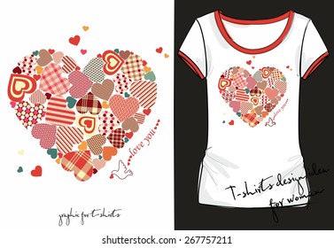 Illustration of trendy sketch woman's shirt with color vintage print with big heart consisting of many small colorful hearts, dove and inscription "love you". t-shirt design idea for girls and women.