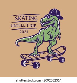 illustration of t-rex skateboarding wearing hat and sunglasses in vintage style