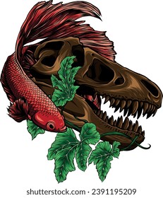 illustration of T-rex Skull with betta fish