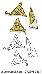 Ilustración de ketupat de hoja de coco triangular lleno de arroz hervido. Carbohidratos durante el Eid
