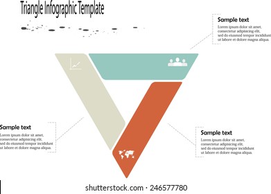 Illustration of triangle infographic consists of three color parts with simple signs inside on white background and space for your own text