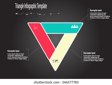 Illustration of triangle infographic consists of three color parts with simple signs inside on black background and space for your own text