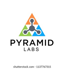 Illustration triangle labs logo design with molecules inside a pyramid sign.