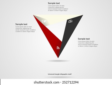 Illustration with triangle motif infographic consists of three colored parts with simple signs and with space for own text on light background