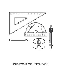 illustration of triangle ruler, compass geometry, pencil and protractor.