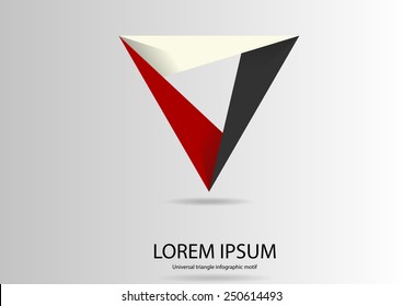 Illustration of triangle template which could be used as logo or infographic consists of three overlapping parts on light grey background