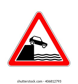 Illustration of Triangle Warning Traffic Signs. Unprotected Quayside or Riverbank
