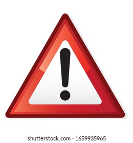 Illustration of triangular road warning sign with exclamation mark inside. Caution icon vector design template isolated on white background.