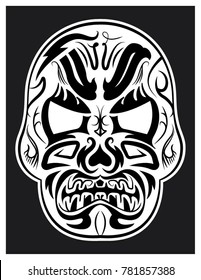 Illustration of a tribal skull with "Luchador" and "Calavera" inspirations.