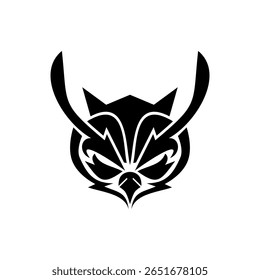 Ilustração de um logotipo de cabeça de coruja estilo tribal ou mascote preto e-sports com linhas afiadas e olhos afiados, muito adequado para projetos de jogos, equipes esportivas ou marca forte.