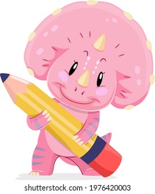 Illustration of a Triceratops Dinosaur Mascot Holding a Big Pencil