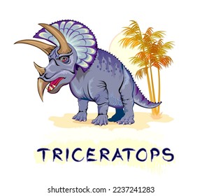 Illustration of triceratops. Prehistoric extinct dinosaur. Jurassic world animals. Isolated drawing on white background. Print for fabric, kids clothes, embroidery, wallpaper. Flat cartoon vector.