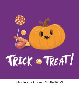 
illustration trick or treat pumpkin and sweets halloween card