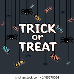 Illustration with trick or treat words, spiders and candies