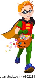 Illustration of trick or treating Halloween super boy