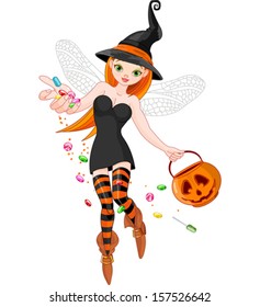 Illustration of trick or treating witch 
