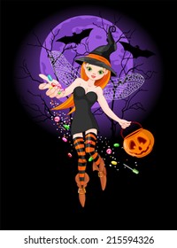 Illustration of trick or treating witch on  the night background