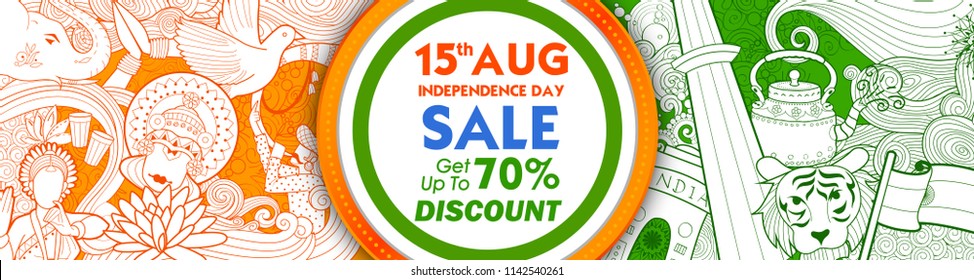 illustration of tricolor banner with Indian flag for 15th August Independence Day of India Sale Promotion advertisement background