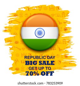 illustration of tricolor banner with Indian flag for 26th January Happy Republic Day of India Sale Promotion advertisement background