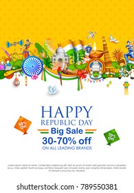 illustration of tricolor banner with Indian flag for 26th January Happy Republic Day of India Sale Promotion advertisement background