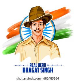 illustration of Tricolor India background with Nation Hero and Freedom Fighter Bhagat Singh for Independence Day