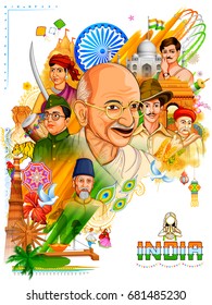 Illustration von Tricolor India Hintergrund mit Nation Hero und Freedom Fighter wie Mahatma Gandhi, Bhagat Singh, Subhash Chandra Bose for Independence Day