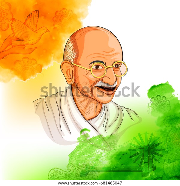 民族の英雄と自由の戦士マハトマ ガンジーが独立記念日またはガンジー ジャヤンティの背景に三色のイラスト のベクター画像素材 ロイヤリティフリー