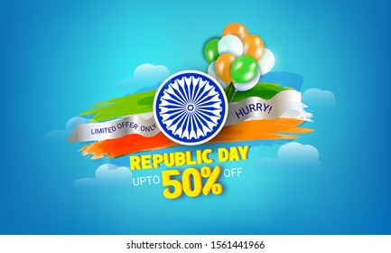 illustration of tricolor India banner for Indian Republic day with text 26 January.