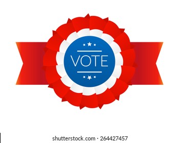 Illustration of tricolor (red, white and blue) political rosette badge. Election ribbon isolated on white background