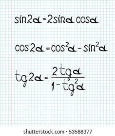 Illustration of trigonometrical formulas on a blank leaf in a cage