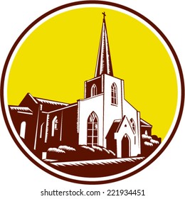 Illustration of the Trinity Parish a historic Episcopal Church in St. Augustine, Florida, USA set inside circle done in retro woodcut style.
