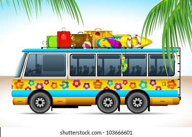 illustration of trip on bus with travel object on roof