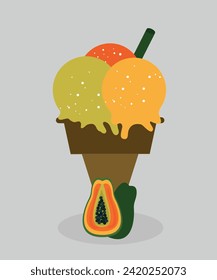  Illustration Trip Scoop Ice Cream Cone with Papaya