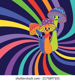 Illustration of trippy psychedelic mushrooms on colorful striped background. Good vibes illustration. Acid cool dude mushrooms