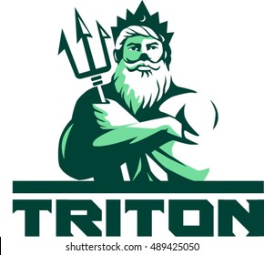 Illustration of triton mythological god arms crossed holding trident viewed from front set on isolated white background with the word text Triton done in retro style. 