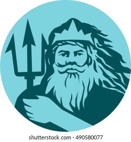 Illustration of triton mythological god holding trident viewed from front set inside circle on isolated background done in retro style. 