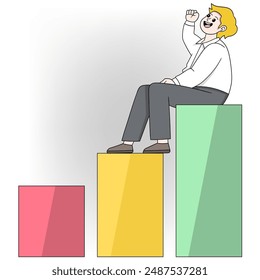 An illustration of a triumphant businessman sitting on top of a rising bar graph, symbolizing business growth.