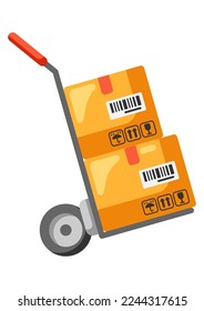 Illustration of trolley with two cardboard cargo boxes. Delivery of goods by order in store.