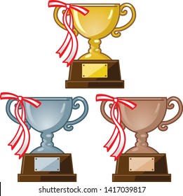 Illustration of trophy with ribbon (gold, silver and copper)