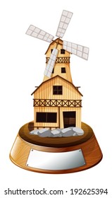 Illustration of a trophy stand with a wooden house on a white background